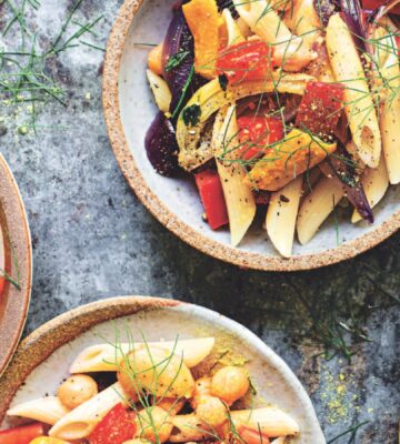 roasted summer veggie penne with chickpeas with yellow squash, garlic, and olives