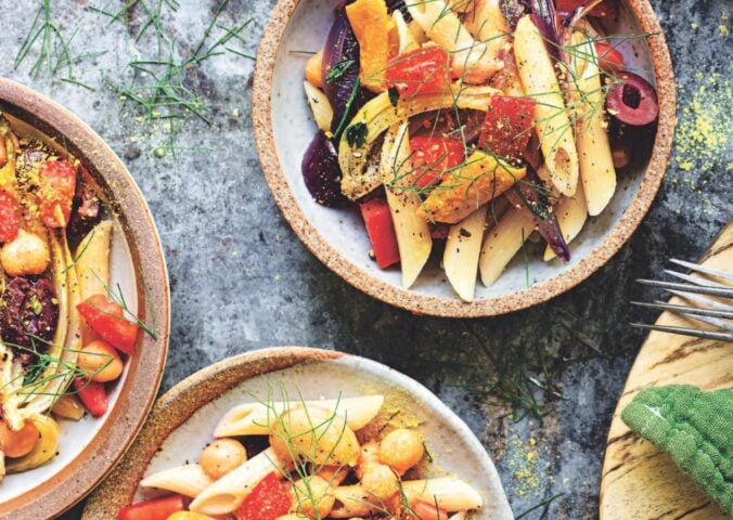 roasted summer veggie penne with chickpeas with yellow squash, garlic, and olives