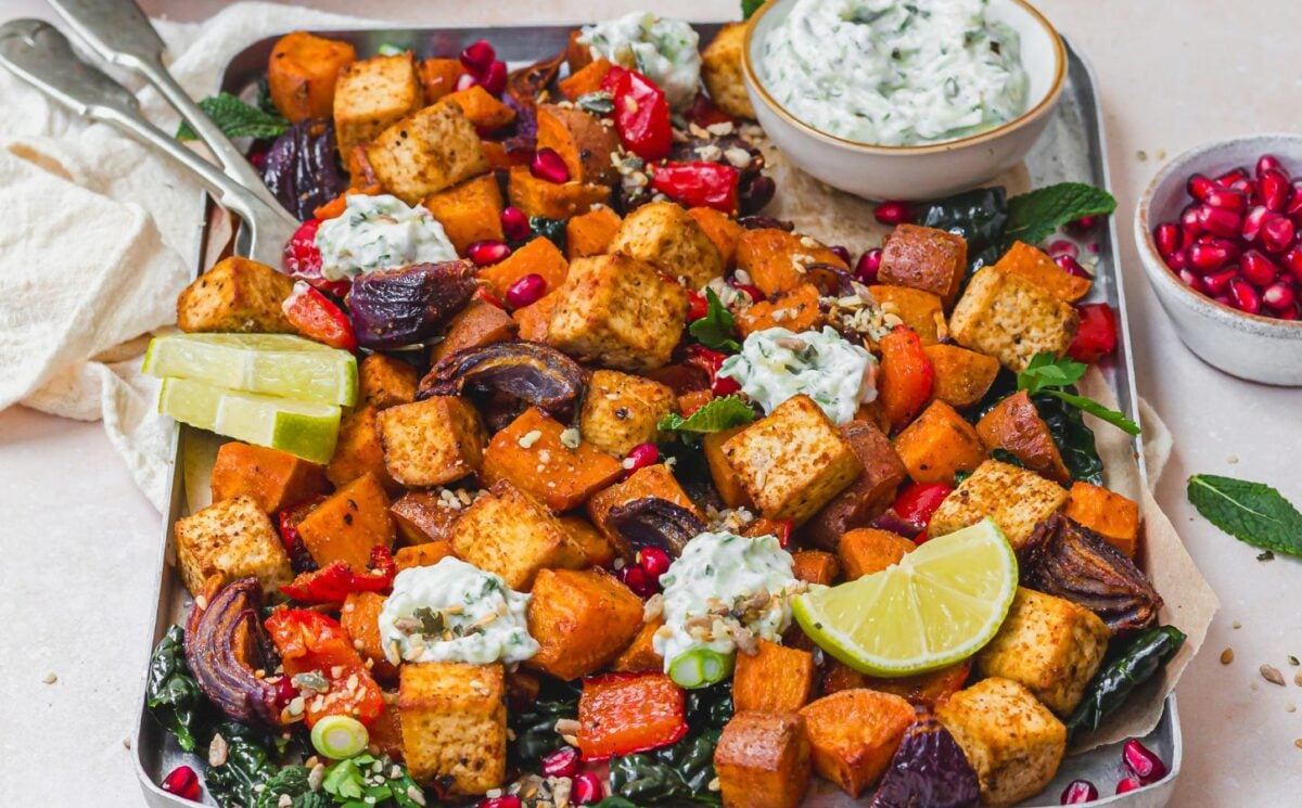 tandoori tofu traybake with cucumber raita for high-protein sheet pan meals