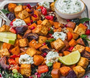 tandoori tofu traybake with cucumber raita for high-protein sheet pan meals
