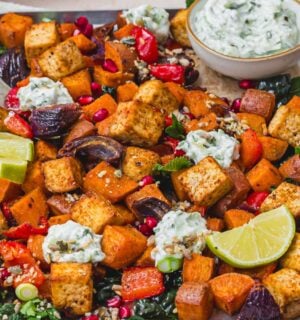 tandoori tofu traybake with cucumber raita for high-protein sheet pan meals