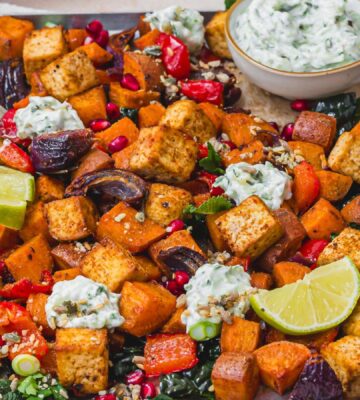 tandoori tofu traybake with cucumber raita for high-protein sheet pan meals