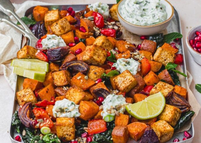 tandoori tofu traybake with cucumber raita for high-protein sheet pan meals