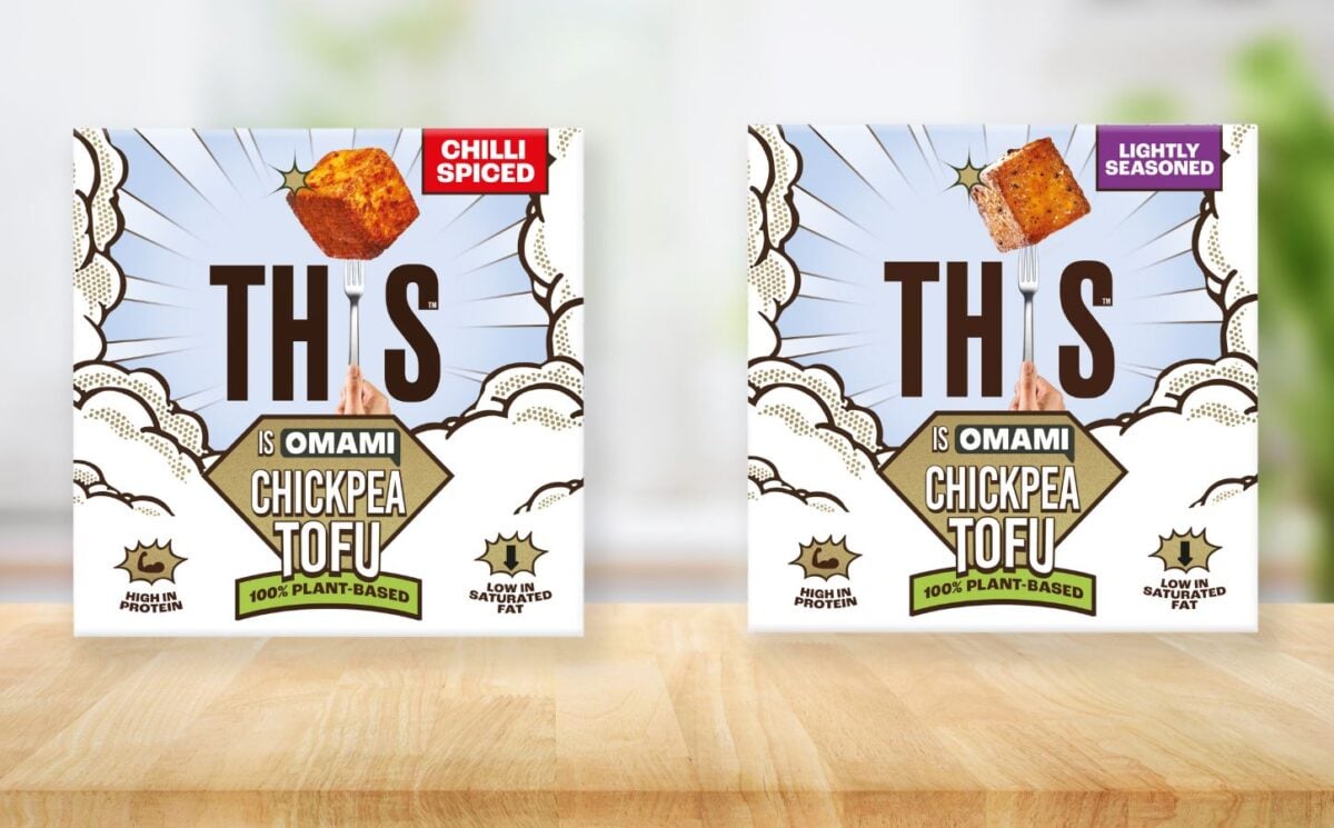 Photo shows packaging for the new chickpea tofu products by THIS, including Chilli Spiced (left) and Lightly Seasoned (right)