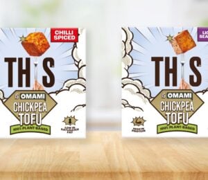 Photo shows packaging for the new chickpea tofu products by THIS, including Chilli Spiced (left) and Lightly Seasoned (right)