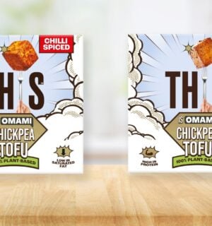 Photo shows packaging for the new chickpea tofu products by THIS, including Chilli Spiced (left) and Lightly Seasoned (right)