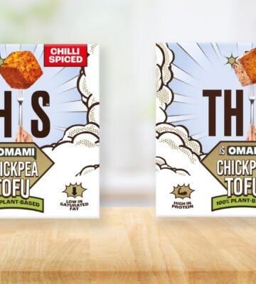 Photo shows packaging for the new chickpea tofu products by THIS, including Chilli Spiced (left) and Lightly Seasoned (right)