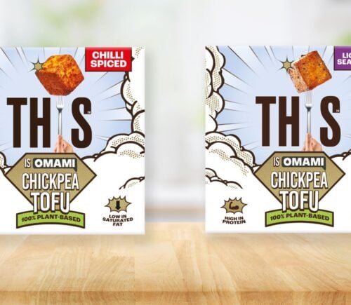 Photo shows packaging for the new chickpea tofu products by THIS, including Chilli Spiced (left) and Lightly Seasoned (right)