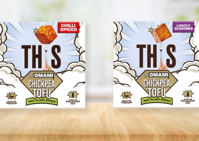 Photo shows packaging for the new chickpea tofu products by THIS, including Chilli Spiced (left) and Lightly Seasoned (right)