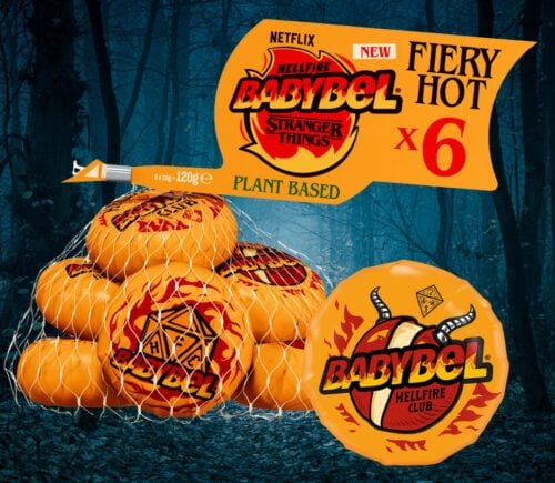 Photo shows the new Babybel x Stranger Things vegan cheese wheels in "fiery hot" Hellfire flavor