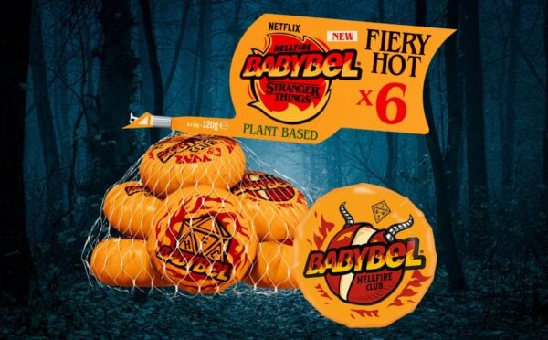 Photo shows the new Babybel x Stranger Things vegan cheese wheels in "fiery hot" Hellfire flavor