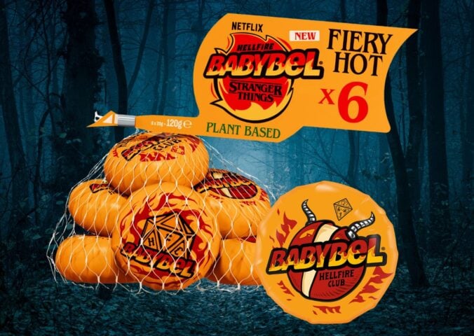 Photo shows the new Babybel x Stranger Things vegan cheese wheels in "fiery hot" Hellfire flavor