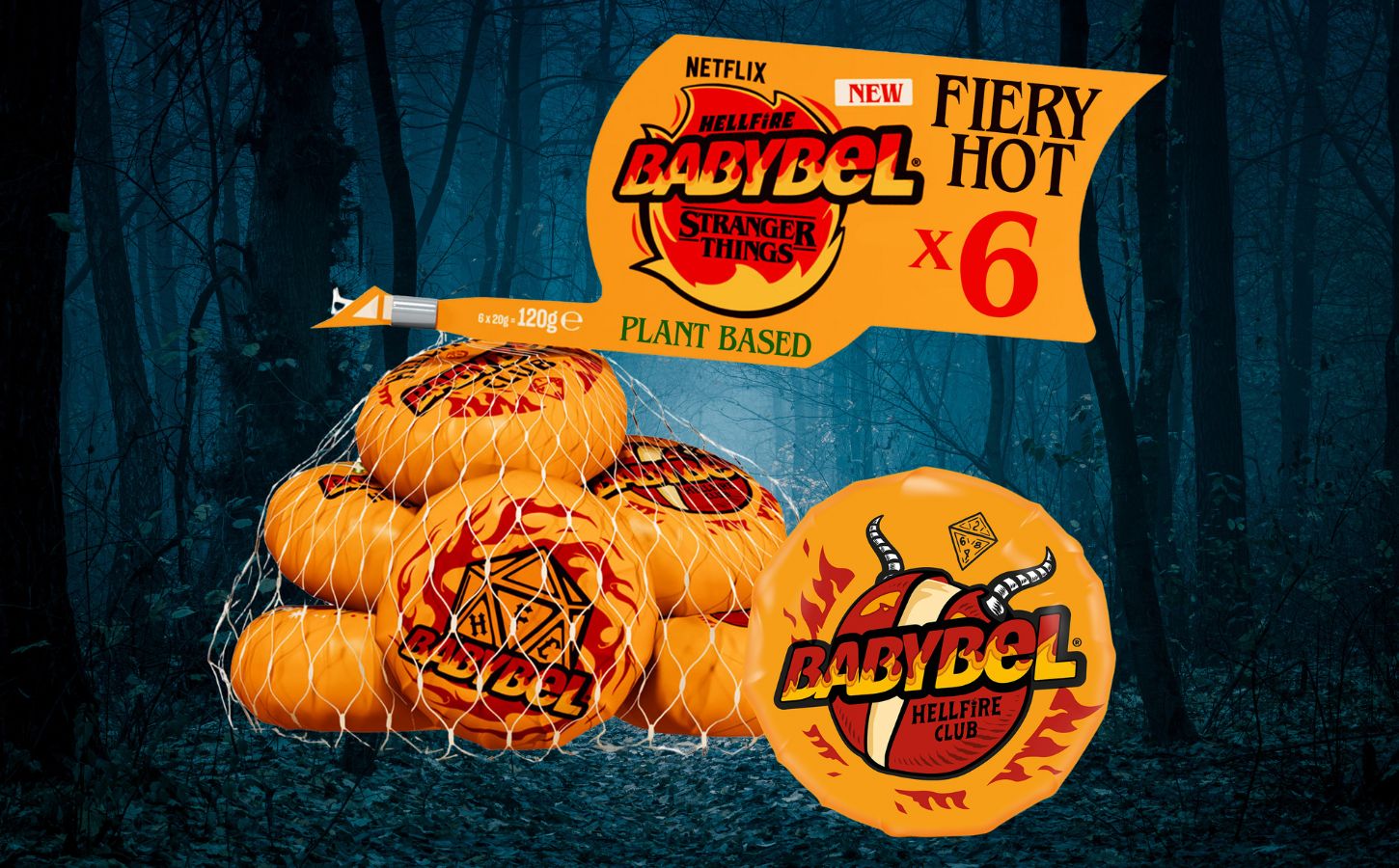 Photo shows the new Babybel x Stranger Things vegan cheese wheels in "fiery hot" Hellfire flavor