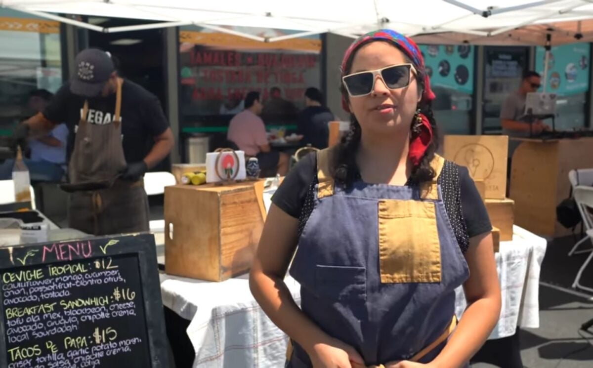 Violeta, one of several Latino chefs in California featured on Rated V for Vegan, speaks about blending culture and vegan cuisine at a local vegan market