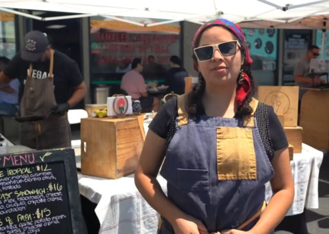 Violeta, one of several Latino chefs in California featured on Rated V for Vegan, speaks about blending culture and vegan cuisine at a local vegan market