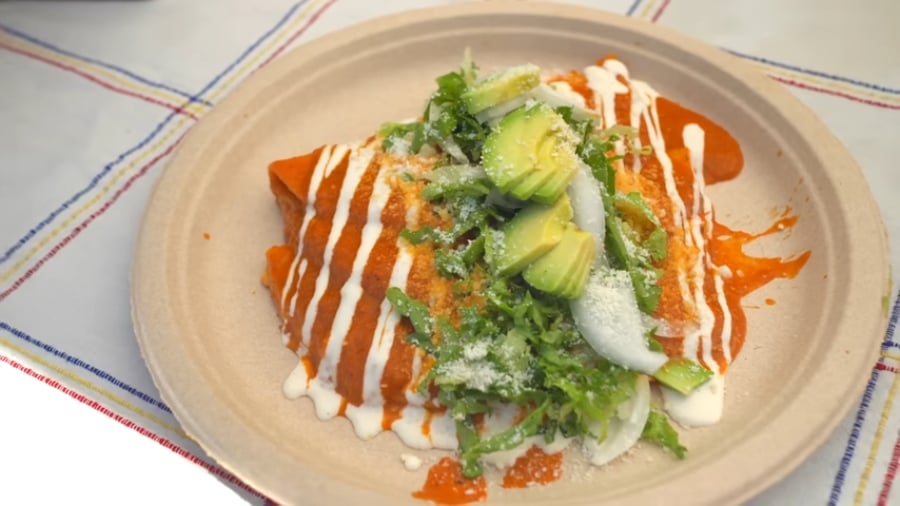 This plate of vegan entomatadas was prepared by one of several Latino chefs in California featured on Rated V for Vegan