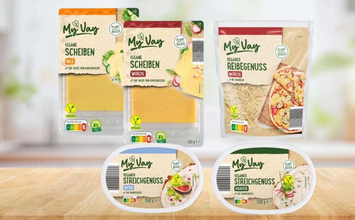 Photo shows Aldi Süd's latest MyVay products: a vegan cheese range including slices, grated, and cream cheese items