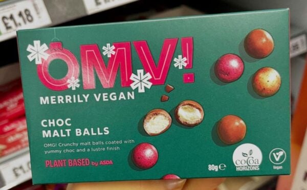 Photo shows a box of Asda's new vegan Maltesers, the OMV! Choc Malt Balls