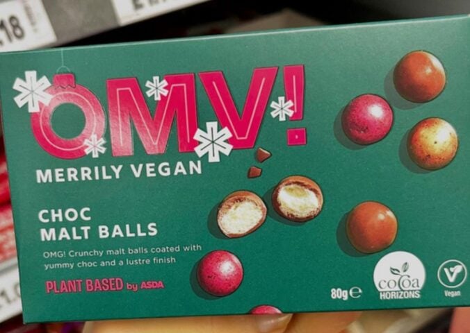 Photo shows a box of Asda's new vegan Maltesers, the OMV! Choc Malt Balls