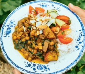 beetroot and chickpea coconut curry with coconut yogurt and spinach