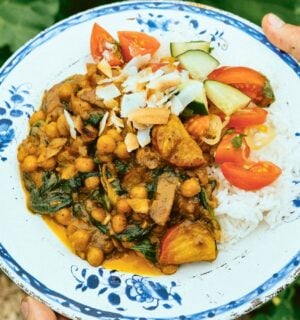 beetroot and chickpea coconut curry with coconut yogurt and spinach