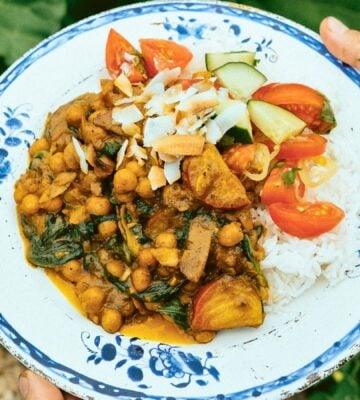 beetroot and chickpea coconut curry with coconut yogurt and spinach