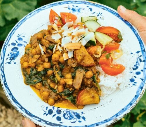 beetroot and chickpea coconut curry with coconut yogurt and spinach