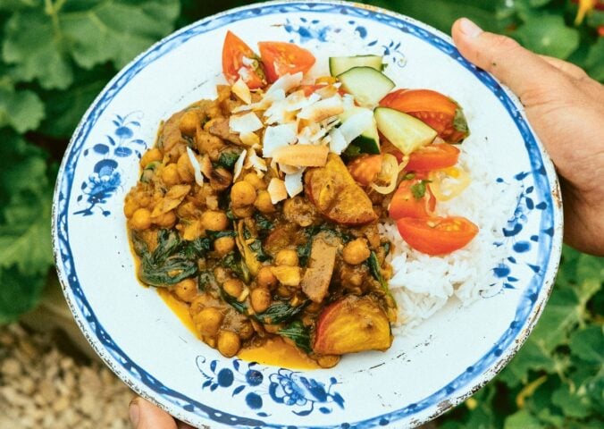 beetroot and chickpea coconut curry with coconut yogurt and spinach