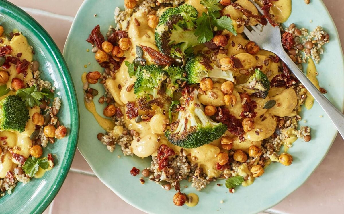 cheesy, beany, broccoli power bowl with nutritional yeast and silken tofu for high-protein fall recipes