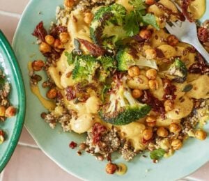 cheesy, beany, broccoli power bowl with nutritional yeast and silken tofu for high-protein fall recipes