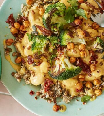 cheesy, beany, broccoli power bowl with nutritional yeast and silken tofu for high-protein fall recipes