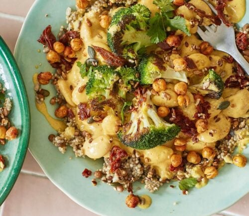 cheesy, beany, broccoli power bowl with nutritional yeast and silken tofu for high-protein fall recipes