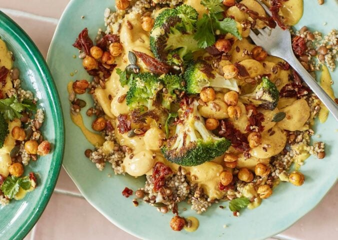 cheesy, beany, broccoli power bowl with nutritional yeast and silken tofu for high-protein fall recipes