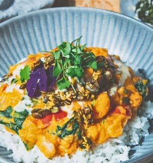 butter bean and sweet papas coconut stew with spicy and sweet coconut pepitas