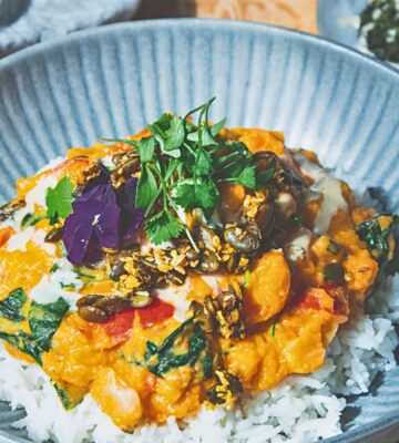 butter bean and sweet papas coconut stew with spicy and sweet coconut pepitas