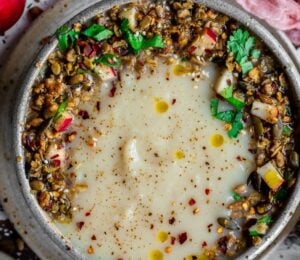 celeriac and apple soup with savory granola
