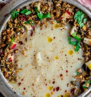 celeriac and apple soup with savory granola