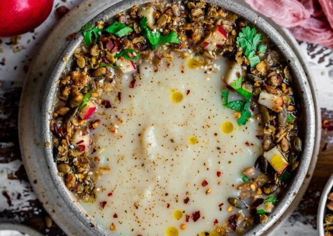 celeriac and apple soup with savory granola