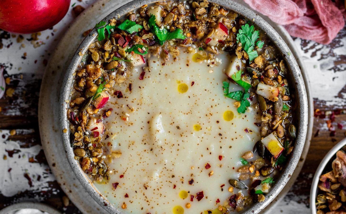 celeriac and apple soup with savory granola