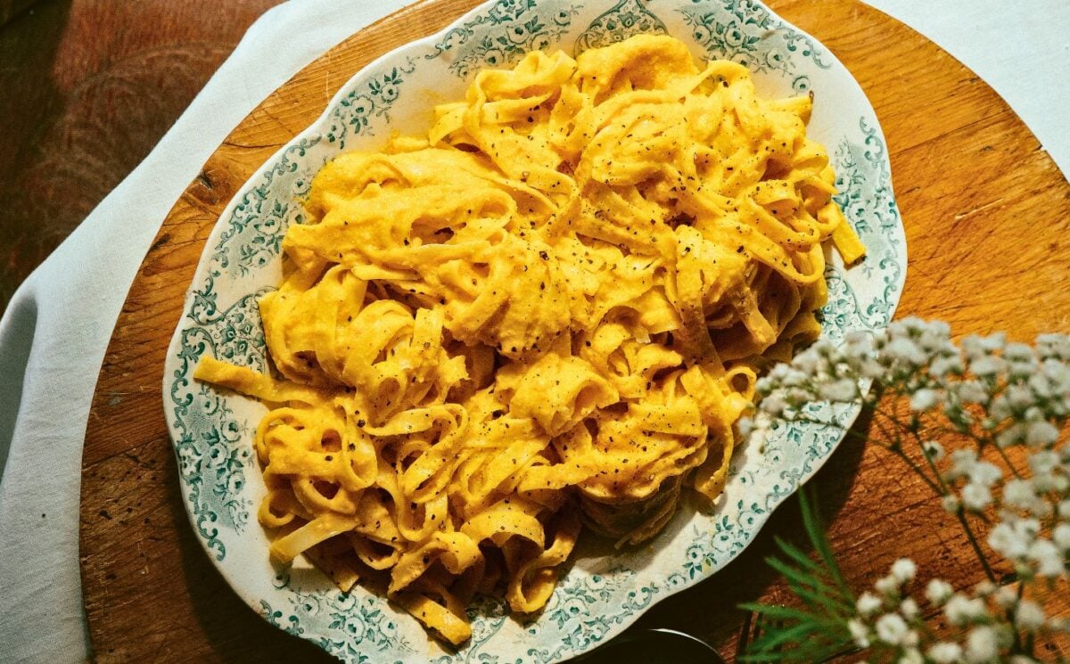 cream of carrot and hazelnut tagliatelle with miso and nutritional yeast