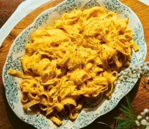 cream of carrot and hazelnut tagliatelle with miso and nutritional yeast