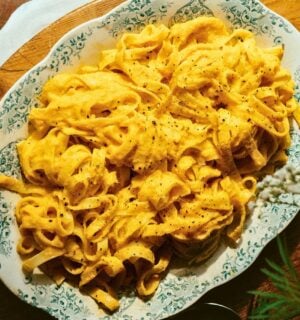 cream of carrot and hazelnut tagliatelle with miso and nutritional yeast