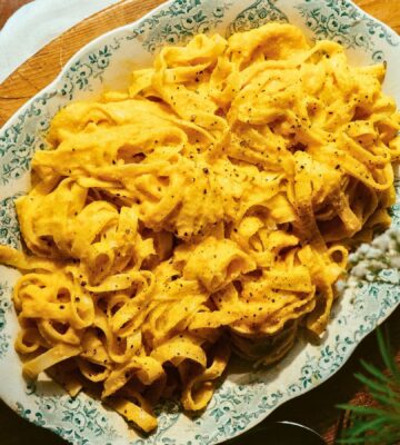 cream of carrot and hazelnut tagliatelle with miso and nutritional yeast