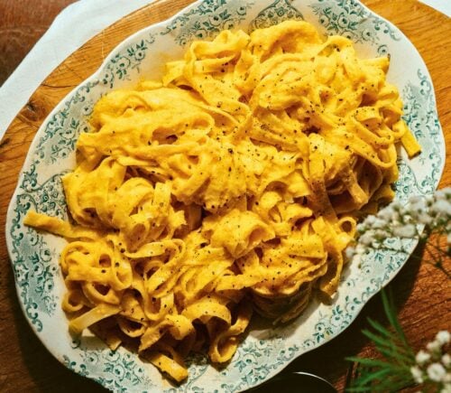 cream of carrot and hazelnut tagliatelle with miso and nutritional yeast
