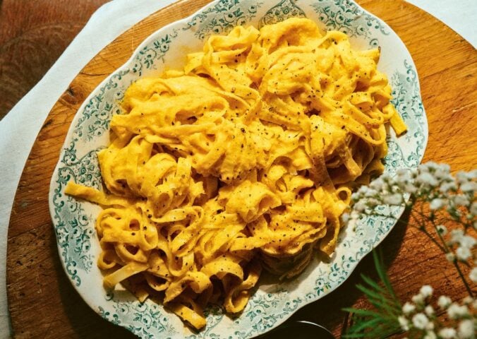 cream of carrot and hazelnut tagliatelle with miso and nutritional yeast