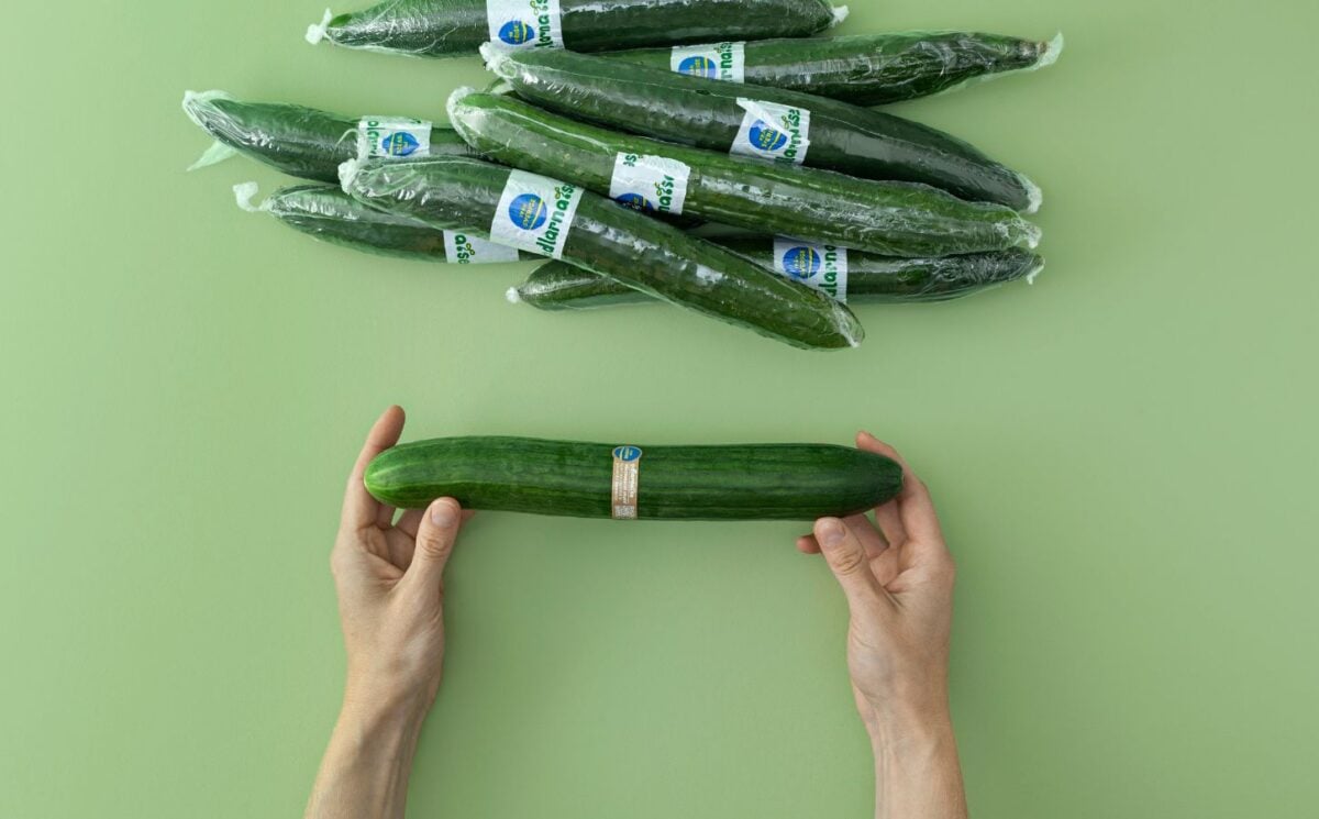Photo shows someone's hands holding a cucumber wrapped in Saveggy's edible, plastic-free, and plant-based coating for fruit and veg
