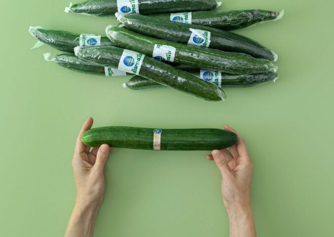 Photo shows someone's hands holding a cucumber wrapped in Saveggy's edible, plastic-free, and plant-based coating for fruit and veg