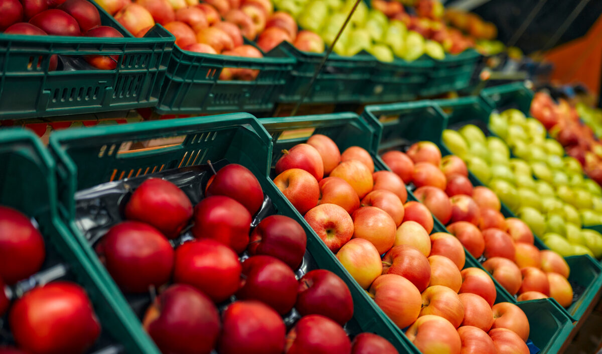 Photo shows crates of fruit at the supermarket. New research indicates that eating fruit may support healthy lung function