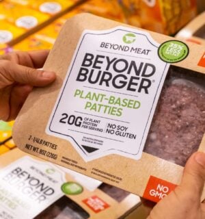 Photo shows someone's hands as they hold up a package of Beyond Burgers. "Burger" and other meat words may soon be banned from plant-based food labels in Europe