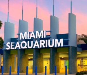 Miami Seaquarium closes. Photo shows the front of a building at Miami Seaquarium, which recently closed for good